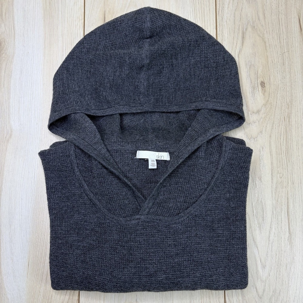 SKIN Lightweight Soft Knit Wool Cashmere Poly Knit Hoodie Womens XS Gray